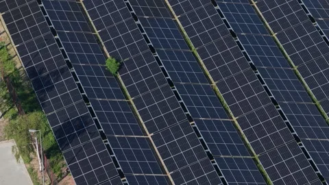 Aerial view of solar panels generating clean renewable energy at a power station 스톡 동영상 348270510