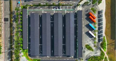 Aerial view of solar panels installed over parking lot Stock Footage 223365482