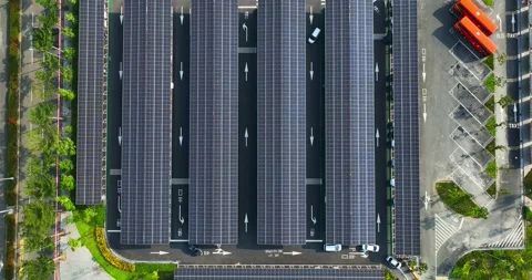 Aerial view of solar panels installed over parking lot Stock Footage 223365588