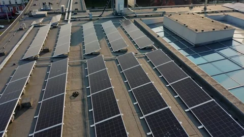 Aerial view of solar panels installed on the roof of an office building Gdansk Stock Footage 262558145