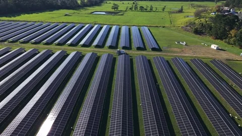 Aerial view of solar panels on a large green farm Stock Footage 341270323