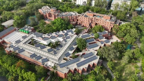 Aerial view of solar panels on office complex in Noida Stock Footage 335407788
