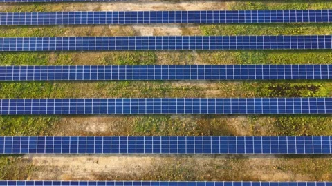 Aerial View Solar Panels Producing Energy Stock Footage 154575313