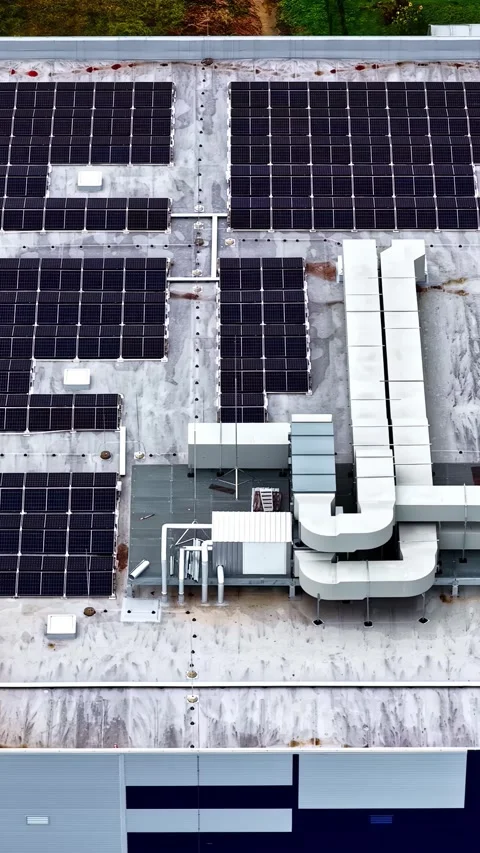 Aerial view of solar panels on a rooftop in Bauska, Latvia. Stock Footage 339807244