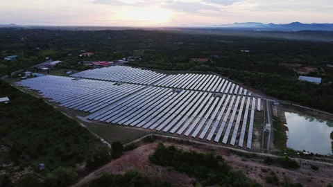 Aerial view of solar panels on sunset sky background. Stock Footage 246571041