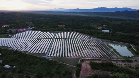 Aerial view of solar panels on sunset sky background. Stock Footage 246571089