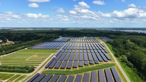 Aerial view of the solar parking area in Biddinghuizen, the Netherlands Video stock 345054641