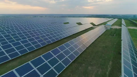 Aerial view of solar power farm with big amount of sollar cells. Concept of Stock Footage 143462053