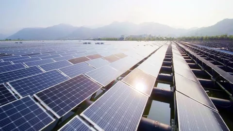 Aerial view of solar power panel by qiantang river Stock Footage 196015842
