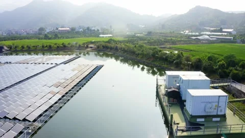 Aerial view of solar power panel by qiantang river Stock Footage 196021234