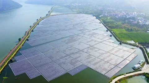Aerial view of solar power panel by qiantang river Stock Footage 196023196