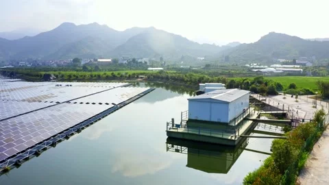 Aerial view of solar power panel by qiantang river Stock Footage 196023329