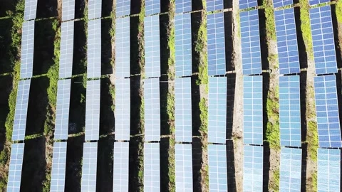 Aerial view of solar power panels in the hill Stock Footage 165448535