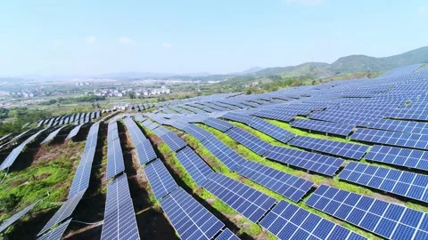 Aerial view of solar power panels in the hill Stock Footage 165449234