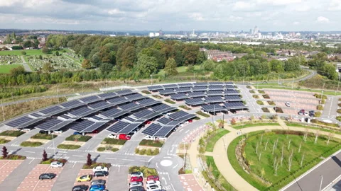 Aerial View of a solar powered bus terminal in Leeds Video stock 319075567