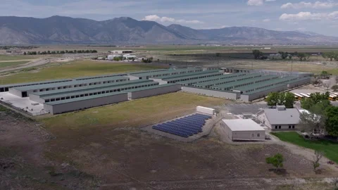 Aerial view of a solar-powered self-storage facility in Minden, Nevada Stock Footage 336298619
