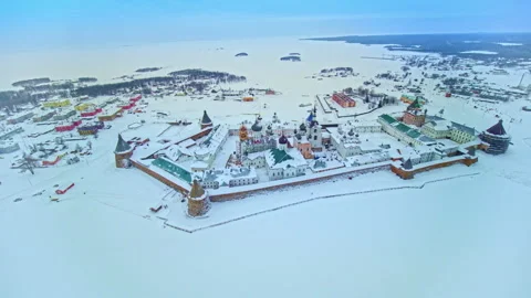 Aerial view of Solovetsky Monastery in winter Stock Footage 337061605