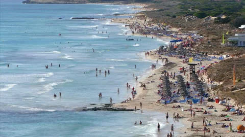 Aerial view of the "Son Bou" Beach, Balearic Islands.Time Lapse,Silk effect. Stock Footage 125445871