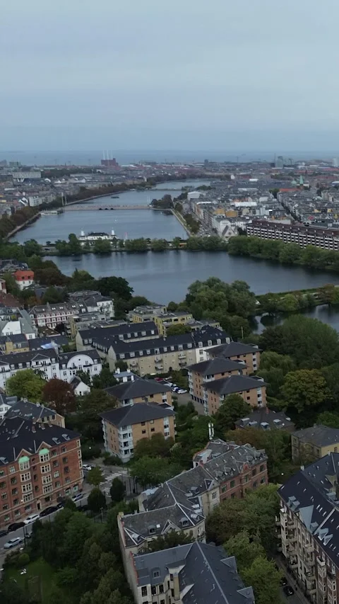 Aerial view of Sortedams Sø Copenhagen area in Denmark downtown central aerial Stock Footage 346252016