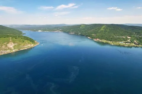 Aerial view of the source of the Angara River, the village of Listvyanka Stock Photos