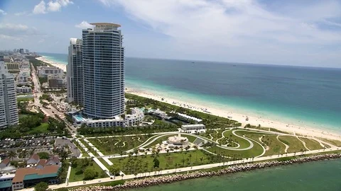 Aerial view South Pointe Beach hotels condominiums Florida Stock-Footage 80170085