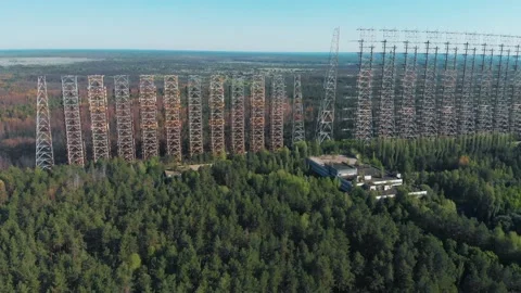 Aerial view of Soviet abandoned missile defense over-the-horizon military radar  Stock Footage 159266021