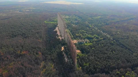 Aerial view of Soviet abandoned missile defense over-the-horizon military radar  Stock Footage 159266101