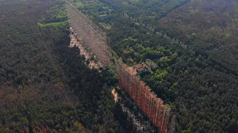 Aerial view of Soviet abandoned missile defense over-the-horizon military radar  Stock Footage 159266128