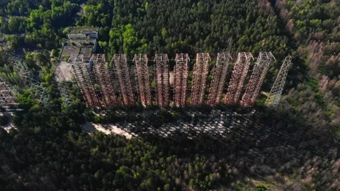 Aerial view of Soviet abandoned missile defense over-the-horizon military radar  Stock Footage 159266157