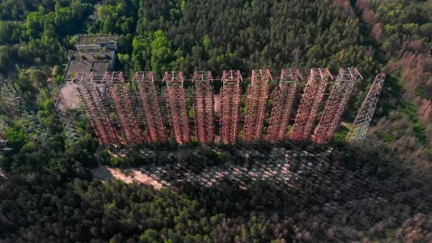 Aerial view of Soviet abandoned missile defense over-the-horizon military radar  Stock Footage 159266173