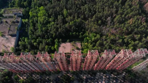 Aerial view of Soviet abandoned missile defense over-the-horizon military radar  Stock Footage 159266180