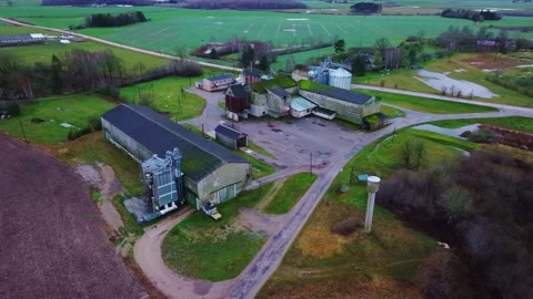 Aerial View Of Soviet Era Grain Storage And Drying Complex In Rural Landscape Stock Footage 327481168