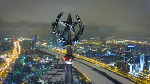 Aerial view of a soviet star on the building against the backdrop of skyscrapers Stockbeeldmateriaal 154269467