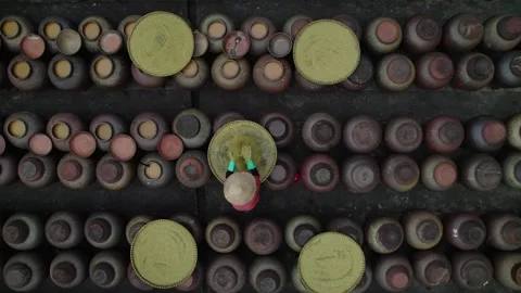 Aerial view of soy bean fermentation jars in My Hao, Vietnam. Stock Footage 345603239