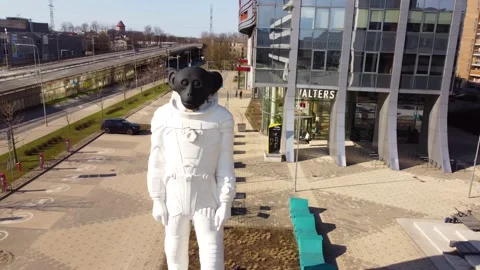Aerial View of Space Monkey Statue at Jauna Teika in Riga, 10 April 2023 Stock Footage 274197380