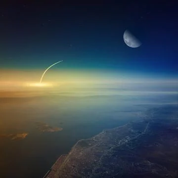 Aerial view of space shuttle taking off Фото