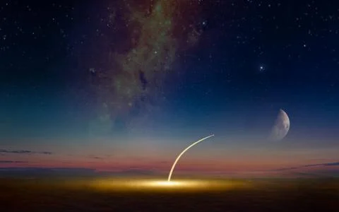 Aerial view of space shuttle taking off, crewed mission to Moon Фото