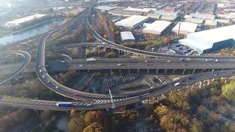 Aerial view of Spaghetti Junction in Birmingham, UK. Видео 70238923