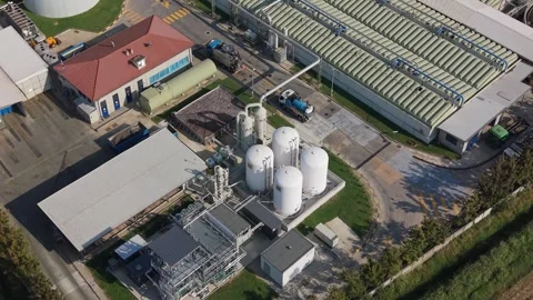 Aerial view of a specialized environmental facility in Liscate for the Video stock 347896879