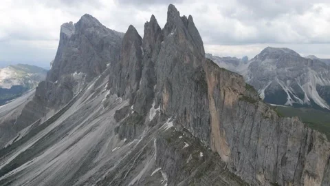 Aerial View Of Spectacular Cragged Cliffs Of Seceda Mountains, Dolomites Italy Stock Footage 144064358