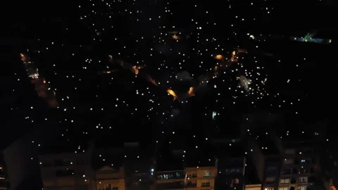 Aerial View of Spectacular Fireworks, Exploding Pyrotechnic Above Stock Footage 227329899