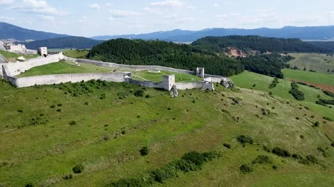 Aerial view of Spis Castle in Slovakia, the largest castle in Central Europe Stock Footage 280363653