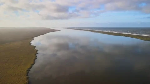 Aerial View of Spit between Lake and Sea Stock-Footage 317300762