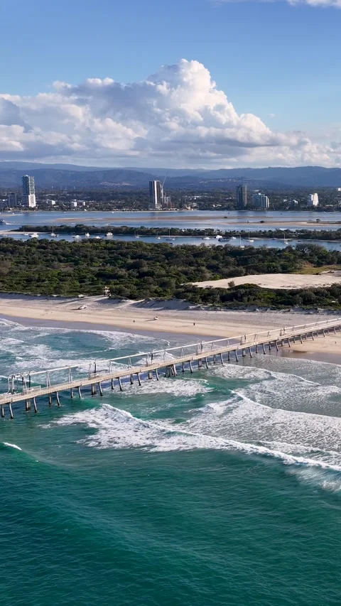 Aerial View of The Spit Jetty and Gold Coast Skyline Stock Footage 341315936