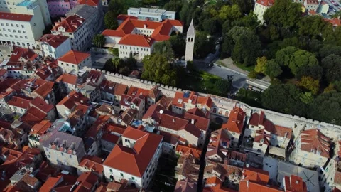 Aerial view of split old town rooftops and bell tower in croatia Stock Footage 339846094