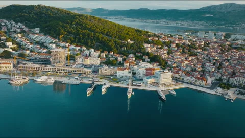 Aerial view of Split waterfront and marina at golden hour, Croatia Stock Footage 341673963