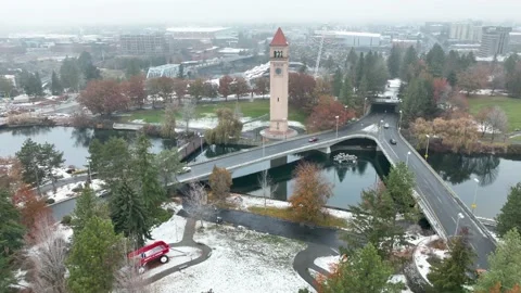 Aerial view of the Spokane Riverfront Park with the Clocktower and the Big Vídeo Stock 224645586