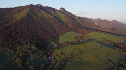 Aerial view. Spring misty mountain landscape. Rural landscape under the High Video stock 196986634