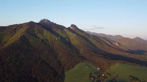 Aerial view. Spring misty mountain landscape. Rural landscape under the High Stock-Footage 201162802
