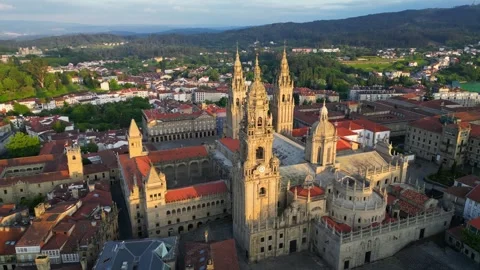 Aerial view of square and cathedral in Santiago de Compostela, Spain. Final Video stock 247329372